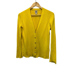 ANNE KLEIN Yellow Ribbed Gold Button Long Sleeve Fitted Cardigan Sweater M